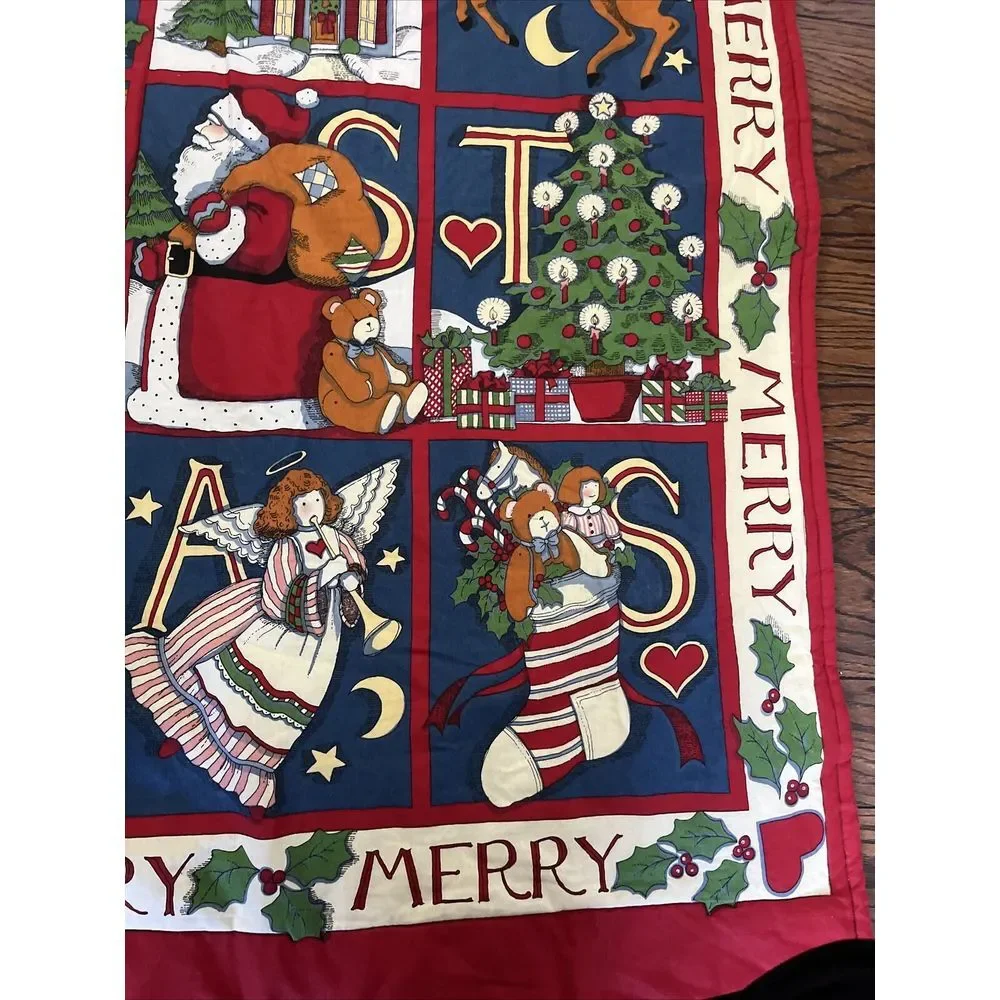 Vtg Quilted Baby blanket CHRISTMAS spell out Red Angels‎ Stockings Santa Striped